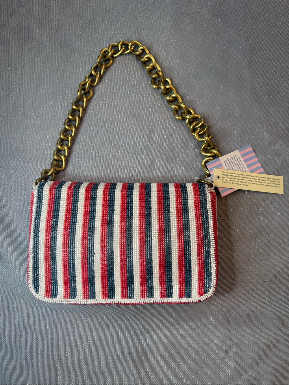 Viral Beaded Bag! NWT Made in India Red White Blue Stripes Chain Shoulder Bag - Picture 6 of 11